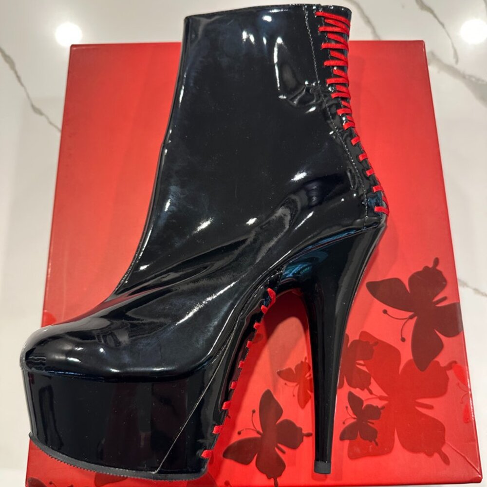 Pleaser heels, Women's 8M, NWT, Patent Black Red lace, booties, womens shoes
